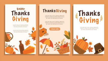 Thanksgiving brochure layout with food basket autumn pumpkin hat