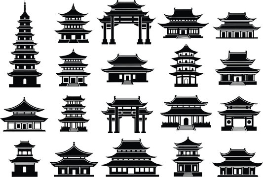 Collection of traditional asian pagoda and temple silhouettes representing east asian architectural styles