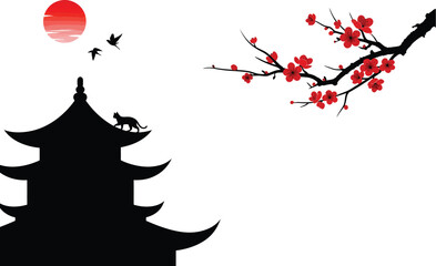 Serene japanese pagoda silhouette under blooming cherry blossoms and red lantern with flying birds