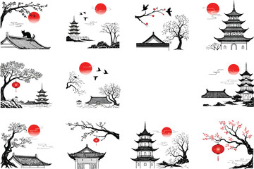 Collection of traditional japanese architectural elements and nature scenes with red lanterns and sun motifs