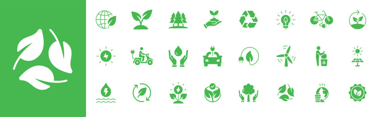 Ecology icon set. Simple solid style. Environment, sustainability, nature, recycle, renewable energy, electric bike, eco friendly, forest, wind power, green concept. Glyph symbol.
