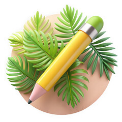 Vibrant yellow mechanical pencil surrounded by lush greenery artistic composition