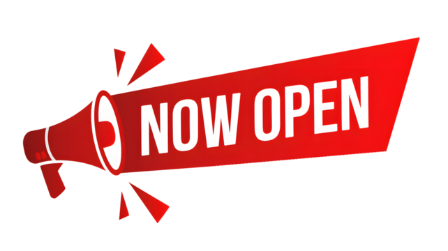 Announcing grand opening with megaphone and vibrant red banner