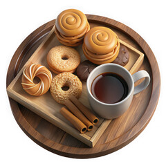 Warm rustic wooden tray with coffee and assorted cookies featuring cinnamon sticks