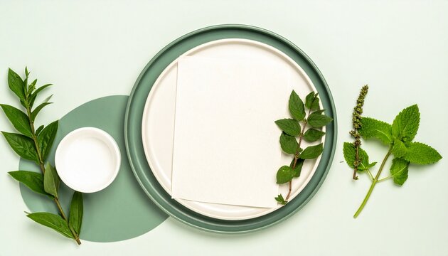 Serene Botanical Flat Lay with Green Ceramics, Fresh Mint, and Blank Card Mockup