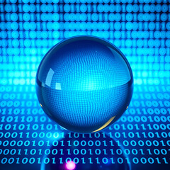 Transparent sphere on blue binary code background