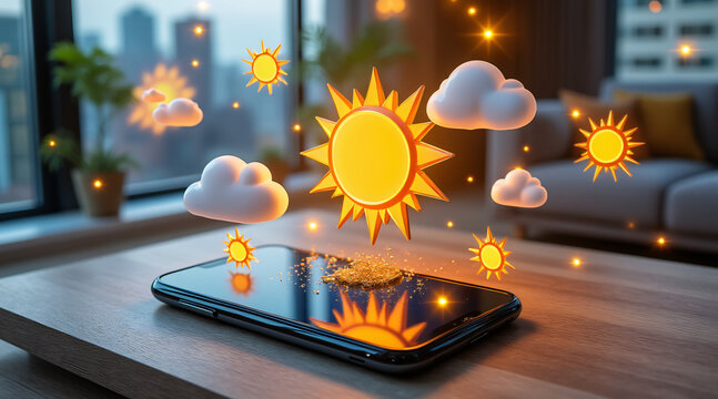 A smartphone on a table with glowing suns and clouds floating above it, representing digital weather forecasting, climate apps, and the integration of environmental data into modern tech.