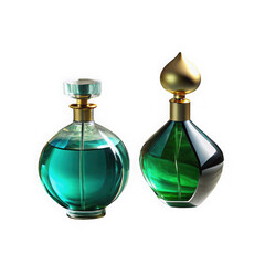 Two elegant glass perfume bottles one filled with teal liquid the other green liquid featuring gold caps