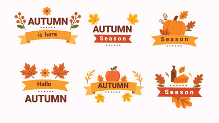 Autumn typography badges with leaves pumpkins and seasonal greetings © foxndeer