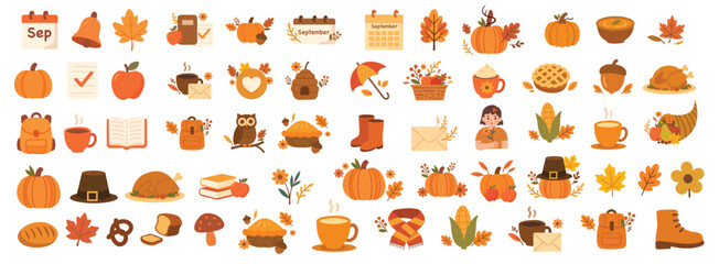Thanksgiving and autumn icon set with seasonal food decorations