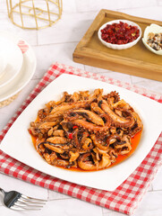 Spicy Marinated Squid Tentacles Asian Seafood Delicacy with Red Chili Sauce