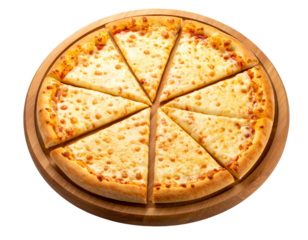 liced Cheese Pizza Pie on Wooden Board, Angled Side View, Isolated