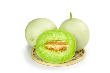 Fresh Shandong White Jade Melon and Mushroom Melon on Bamboo Basket White Background