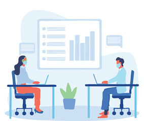 Office workers wearing masks analyzing data