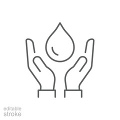 Save water icon. Simple outline style. Hand with water drop, shower, nature, environment, care, purification, ecology concept. Thin line symbol. Vector isolated design. Editable stroke