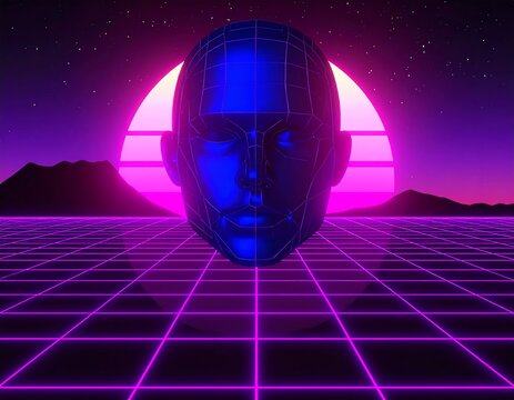 Retrofuturistic android head floats above a gridded landscape, set against a stylized sunset