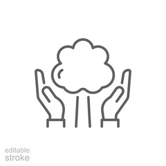 Conservation icon. Simple outline style. Hand tree care, plant, nature, green, growth, natural, organic, eco life, leaf, environment concept. Thin line symbol. Vector isolated design. Editable stroke
