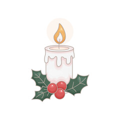 Hand drawn outline illustration of a lit white candle with melting wax, surrounded by holly leaves and red berries. Soft glow from the flame adds warmth. Cozy festive element on white background