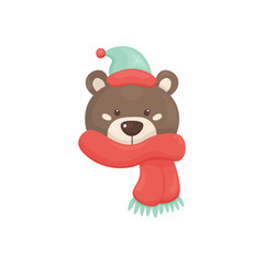 Vector filled illustration of a cozy bear wearing a Christmas hat and scarf. With pastel colors, this festive design is warm and cheerful on white background