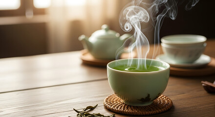 Serene moment with a cup of steaming green tea, inviting relaxation and mindful contemplation, highlighting the beauty of simplicity and the comforting warmth of a cherished ritual for a soothing