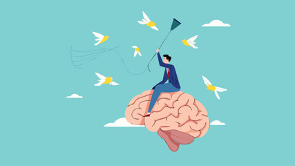 new creative idea searching process, mindset development or learn new skill, contemplation to find solutions or innovations, businessman riding human brain using butterfly net to catch light bulb idea