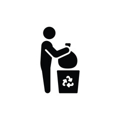 People and rubbish bin icon. Simple solid style. Person holding a sack of trash, cleanup, garbage, ecology, environment concept. Silhouette, glyph symbol. Vector isolated design