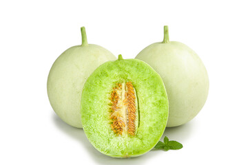 Fresh White Jade Melons from Shandong China - Whole and Cross Section Display on White Background