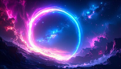 Obraz premium Ethereal cosmic gateway with a luminous neon ring floating amidst vibrant pink and blue nebula clouds in a starry universe