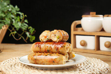 Delicious Grilled Sausages with Herbs Stacked on Plate - Rustic Kitchen Food Photography