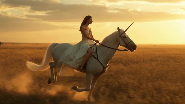 Beautiful woman in dress in nature riding a unicorn