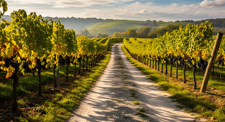 Naklejka premium Sun-Kissed Vineyard: A Serene Path Through Grape-Laden Vines Under a Tranquil Sky, Offering a Glimpse into the Heart of Wine Country's Natural Splendor and Abundant Harvest