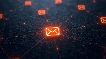 Glowing email icons connected by lines create a modern technological network concept suitable for digital communication designs and infographics. - Powered by Adobe