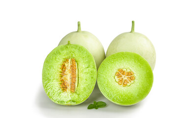 Fresh White Winter Melon from Shandong China with Green Flesh Cross Section on White Background