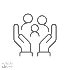 Family care icon. Simple outline style. Two hands holding or hugging group people, group life insurance, caring hands family medicine concept. Thin line symbol. Vector isolated design. Editable stroke