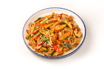 Sautéed Bean Curd Tofu with Vegetables Bacon and Bean Sprouts in Ceramic Bowl