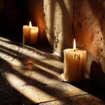 Candles are burning in a cathedral alcove.