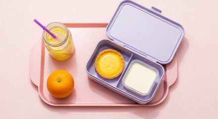 Naklejka premium Top view studio shot with pudding jar tart and fruit tray 