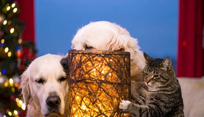 Two Golden Retrievers and a Tabby Cat Gathered Around a Glowing Lantern.