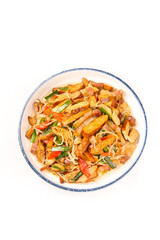 Sauteed Dried Bamboo Shoots with Bacon and Vegetables in Traditional Bowl