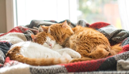 Two orange and white cats cuddling on a blanket.
