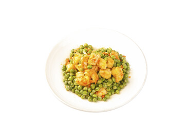 Sautéed Shrimp with Green Peas on White Plate - Healthy Seafood Dish