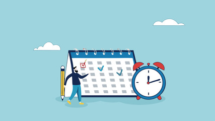 businessman make a red circle on important day on calendar vector illustration, calendar date of important appointment, reminder or schedule of meeting or event, work deadline or launch date planning
