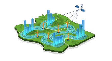 Isometric concept of a smart city landscape with renewable wind energy, data visualization, and satellite network connectivity