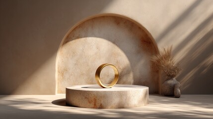 Obraz premium Minimalist luxury background with soft beige wall and smooth round pedestal in natural warm light, elegant shadows creating calm and sophisticated scene for wellness or jewelry product display.