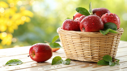 Red Apple in basket with water drop on white surface in natural warm sunlight background