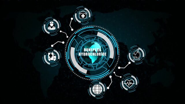 HUD animation Hologram Medicine Ingredient DONEPEZIL HYDROCHLORIDE on world map background