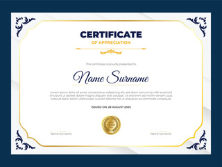 Luxury certificate of appreciation template for company, graduation, diploma, college. Modern royal certificate template with blue and gold color.