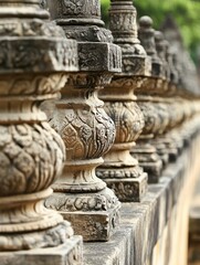 A row of stone pillars with a tree in the background