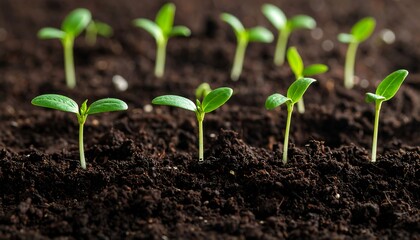 Young seedlings emerge from dark soil, thriving in a neat row
