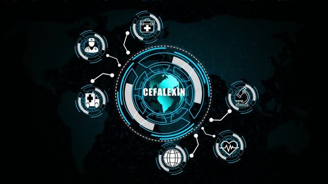 HUD animation Hologram Medicine Ingredient CEFALEXIN on world map background